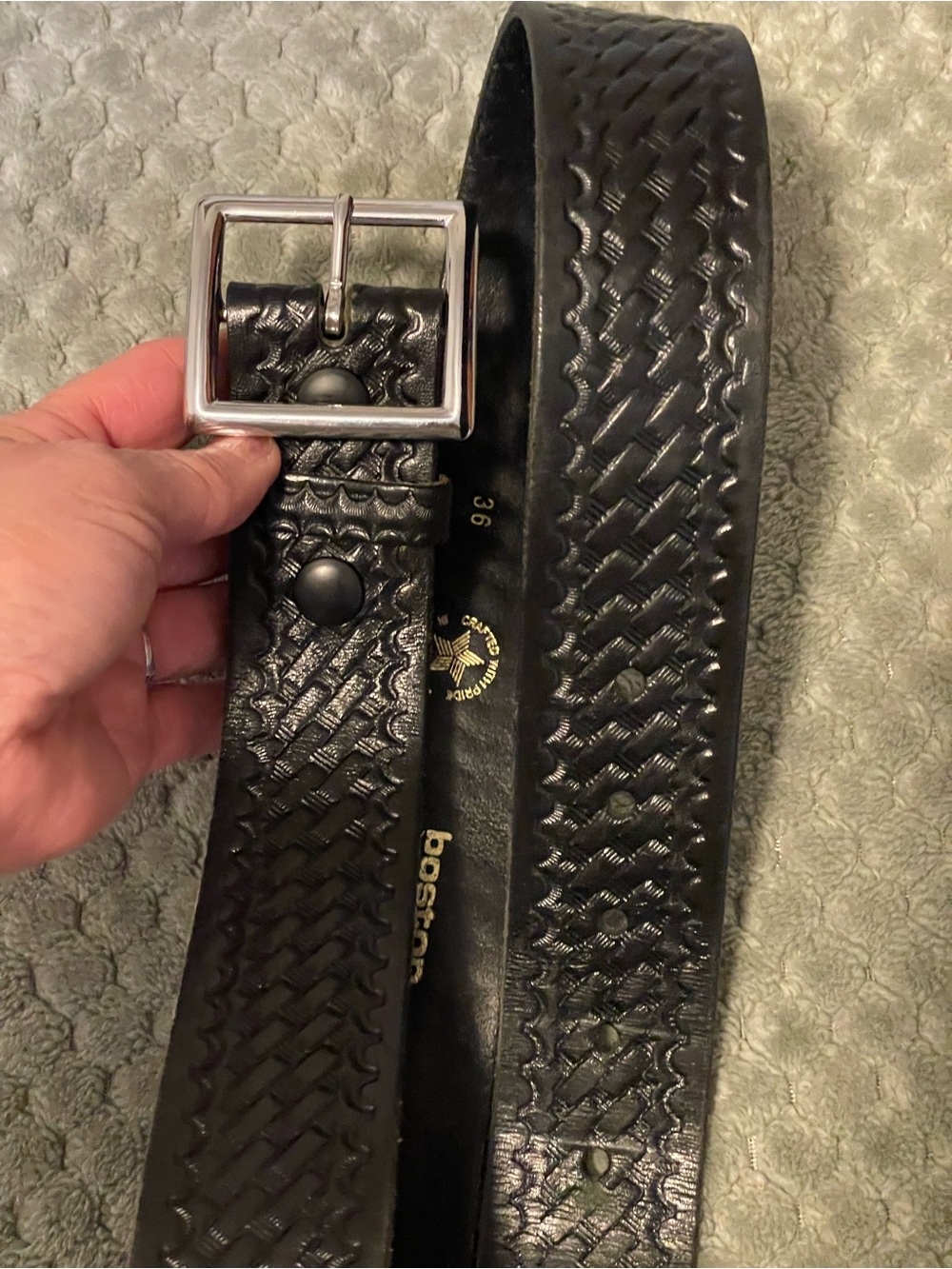 Boston Leather Men's Black Embossed Woven Leather Belt with Polished Buckle